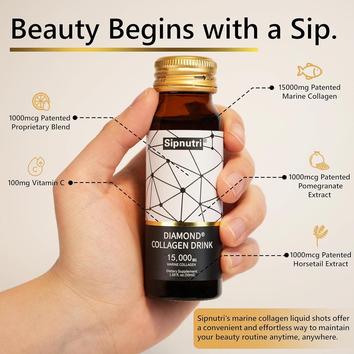 Diamond Liquid Collagen Drink, 15000 mg Hydrolyzed Marine Collagen Peptides with Vitamin C