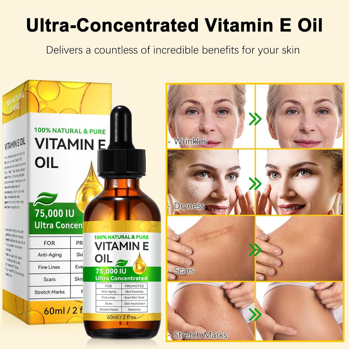 Tiuedu 2PCS Natural Vitamin E Oil for Skin, 75,000 IU Ultra Concentrated Vitamin E Oil for Face