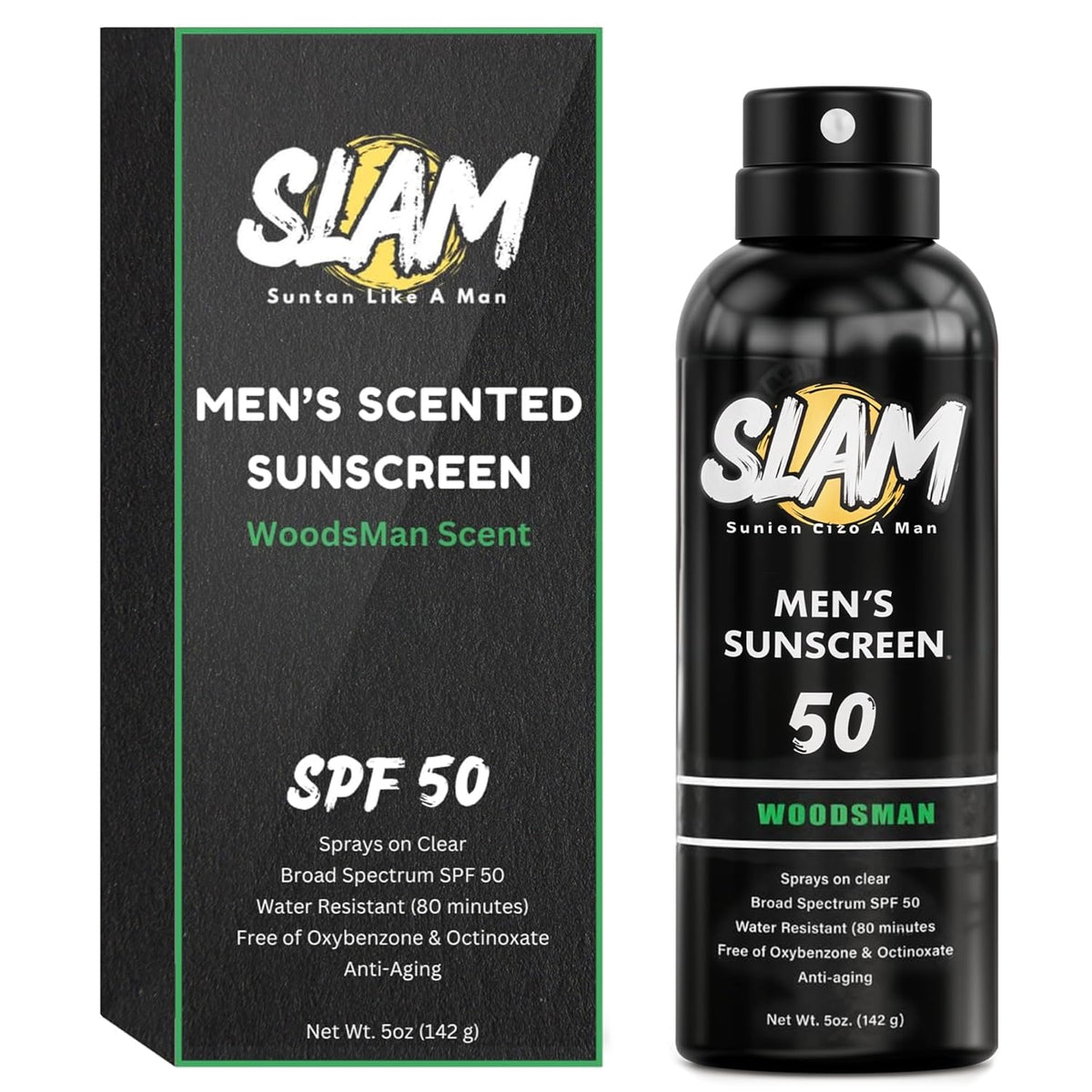 SLAM WoodsMan Men's Scented Sunscreen Spray SPF 50 – Broad Spectrum Sun Screen for Face & Body