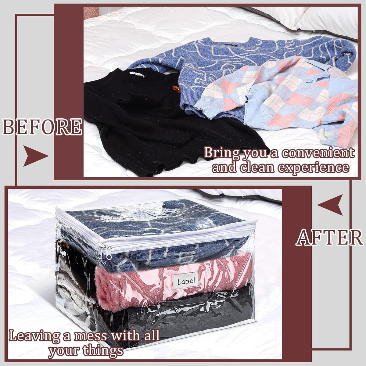 Hoolerry 6 Pieces Sweater Storage Bags Plastic Clear PVC Clothes Storage Bags with Zipper and Label