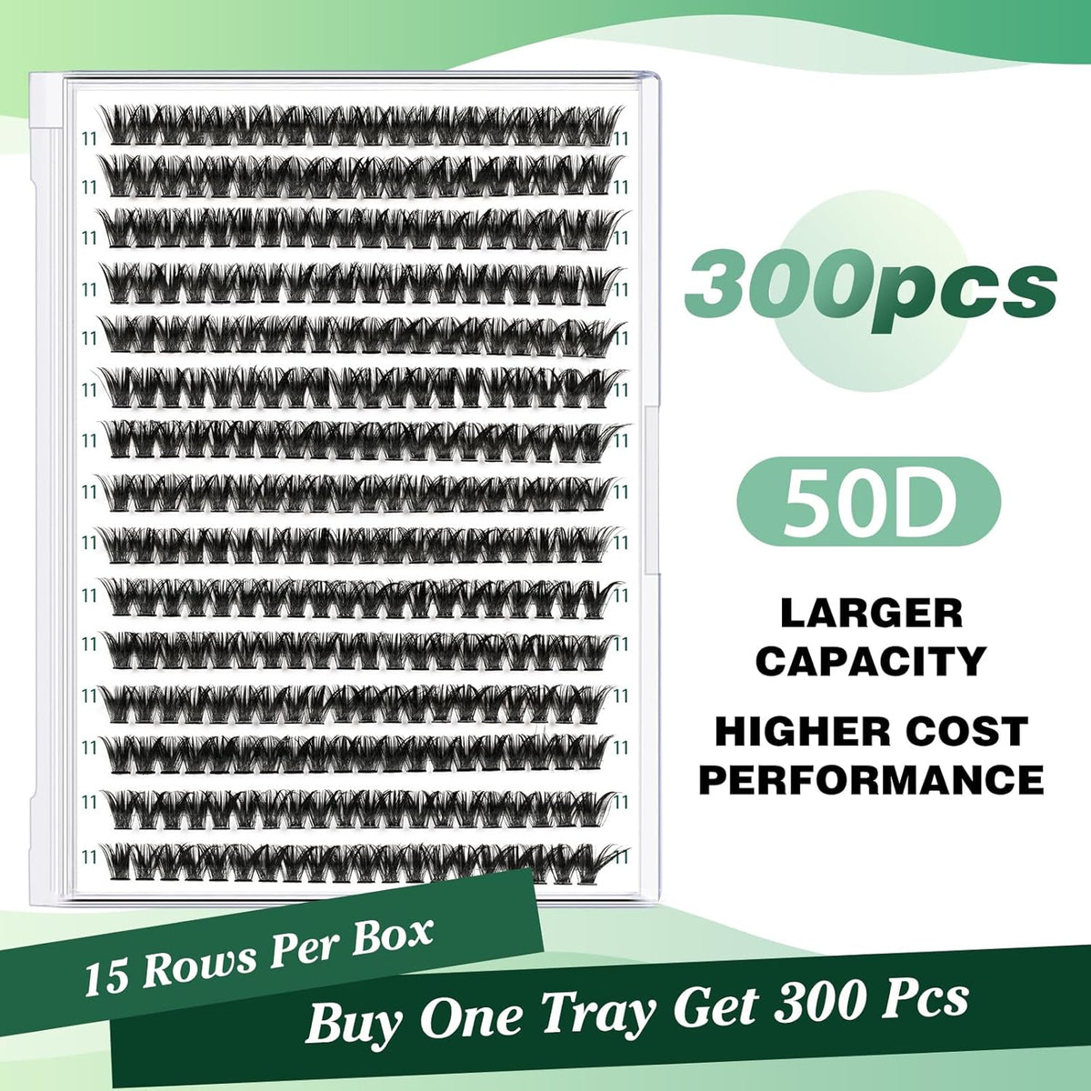 KEYYOU Lash Clusters 300pcs Individual False Eyelashes 50D-0.07D Curl 11mm DIY Eyelash Extension