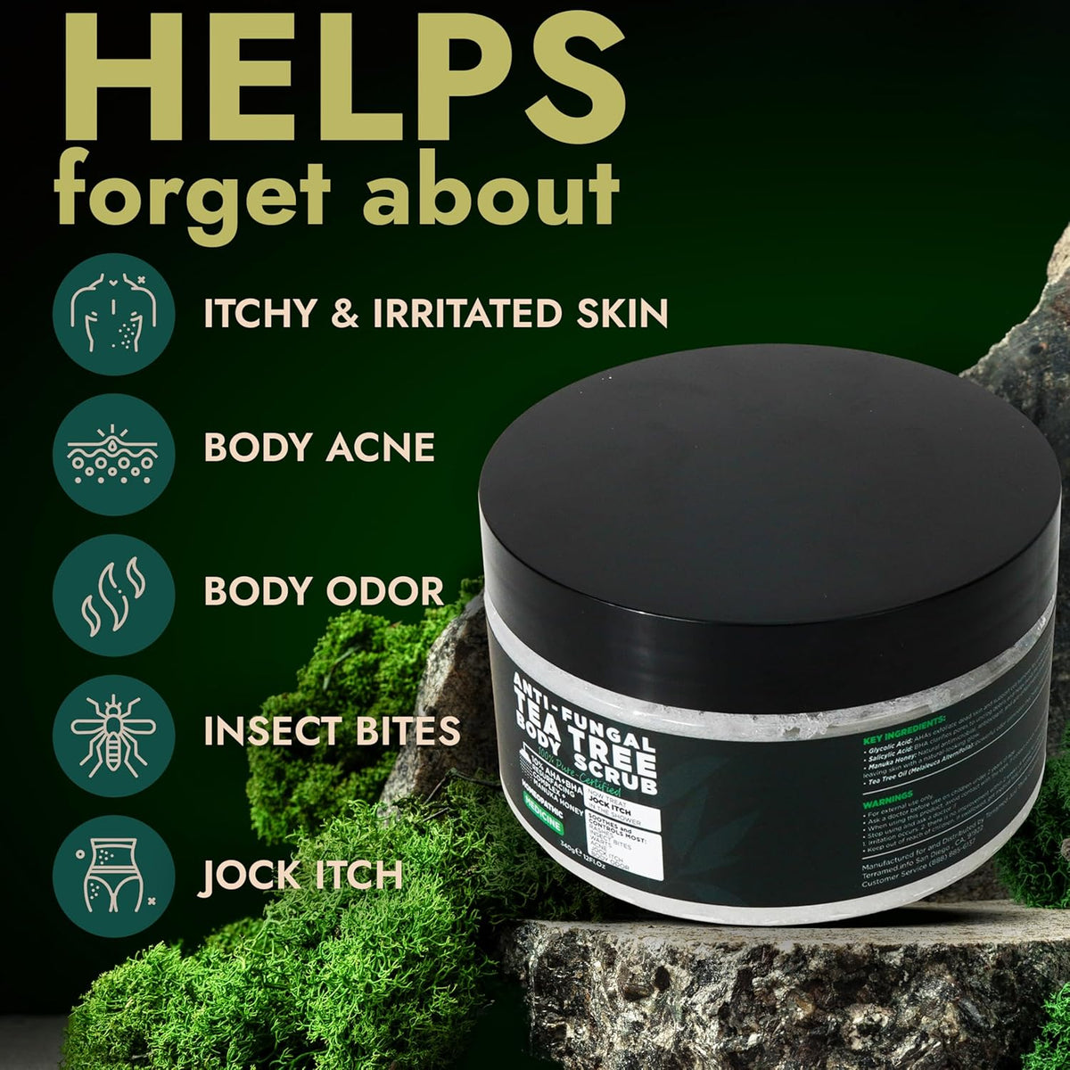 Terramed Just Think Comfort Antifungal Body Scrub with Tea Tree Oil – Exfoliating Body Wash for