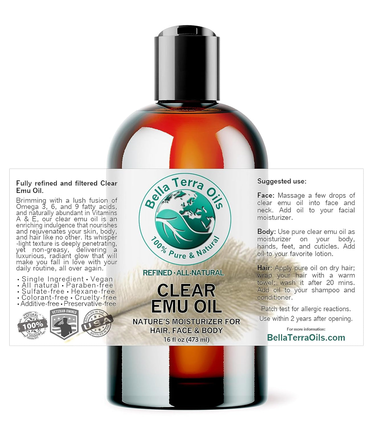 Bella Terra Oils - Clear Emu Oil 16 oz - Celebrate Nature's Best Kept Beauty Secret, Enriched with