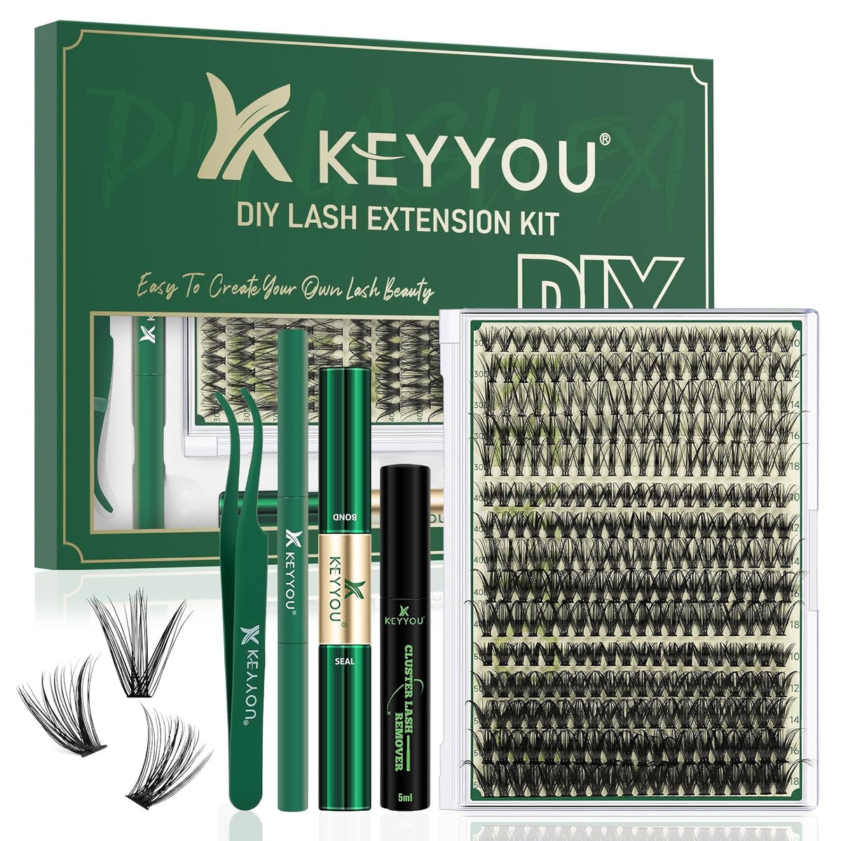 KEYYOU Lash Extension Kit DIY 300Pcs Lash Clusters Eyelash Extension Kit Lash Clusters Kit with