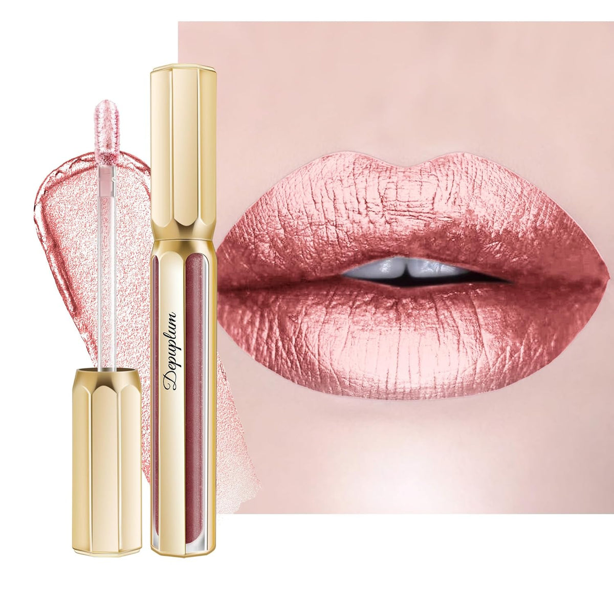 Nude Pink Lipsticks for Women Metallic Lipstick Long Lasting Non Stick Cup Lip Gloss, Shimmer