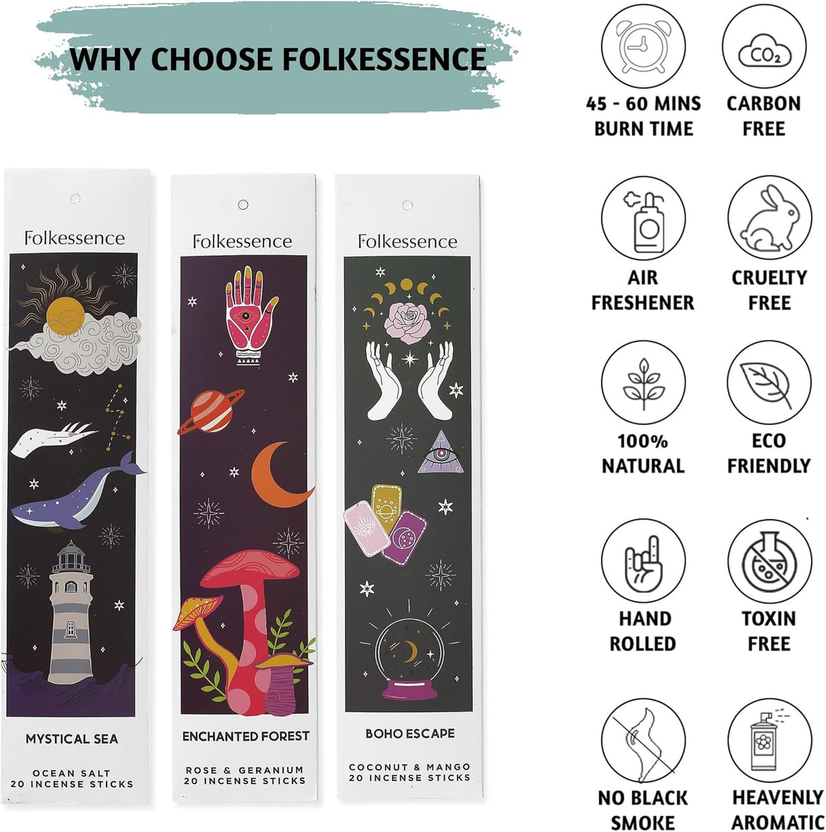 Folkulture Incense Sticks | Set of 6 (120 Organic Insence-Sticks) for Positive Aura with 45 Mins