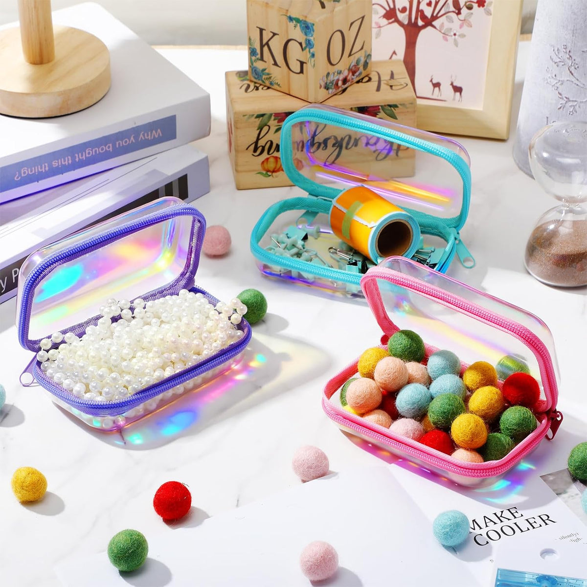 Hoolerry 3 Pcs Clear Hard Zipper Case Plastic Pouch Transparent Hard Case Clear Makeup Bag Portable