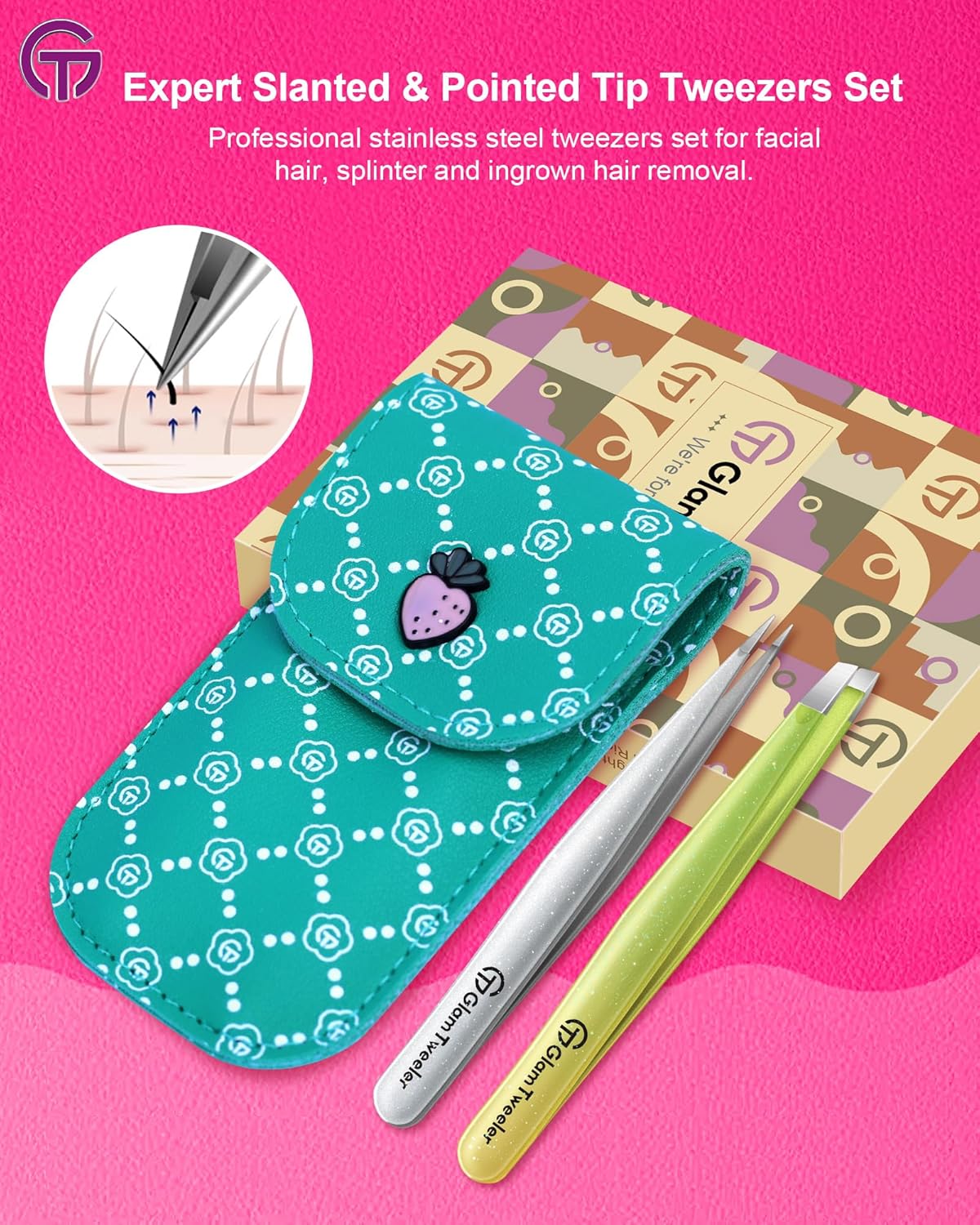 Expert Slant and Point Tip Tweezer Set with Exclusive Storage & Carrying Case, GlamTweeler Sharp &