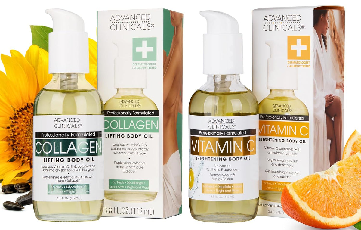 Advanced Clinicals Collagen Body Oil + Vitamin C Brightening Body Oil Moisturizer 2pc Skincare Set