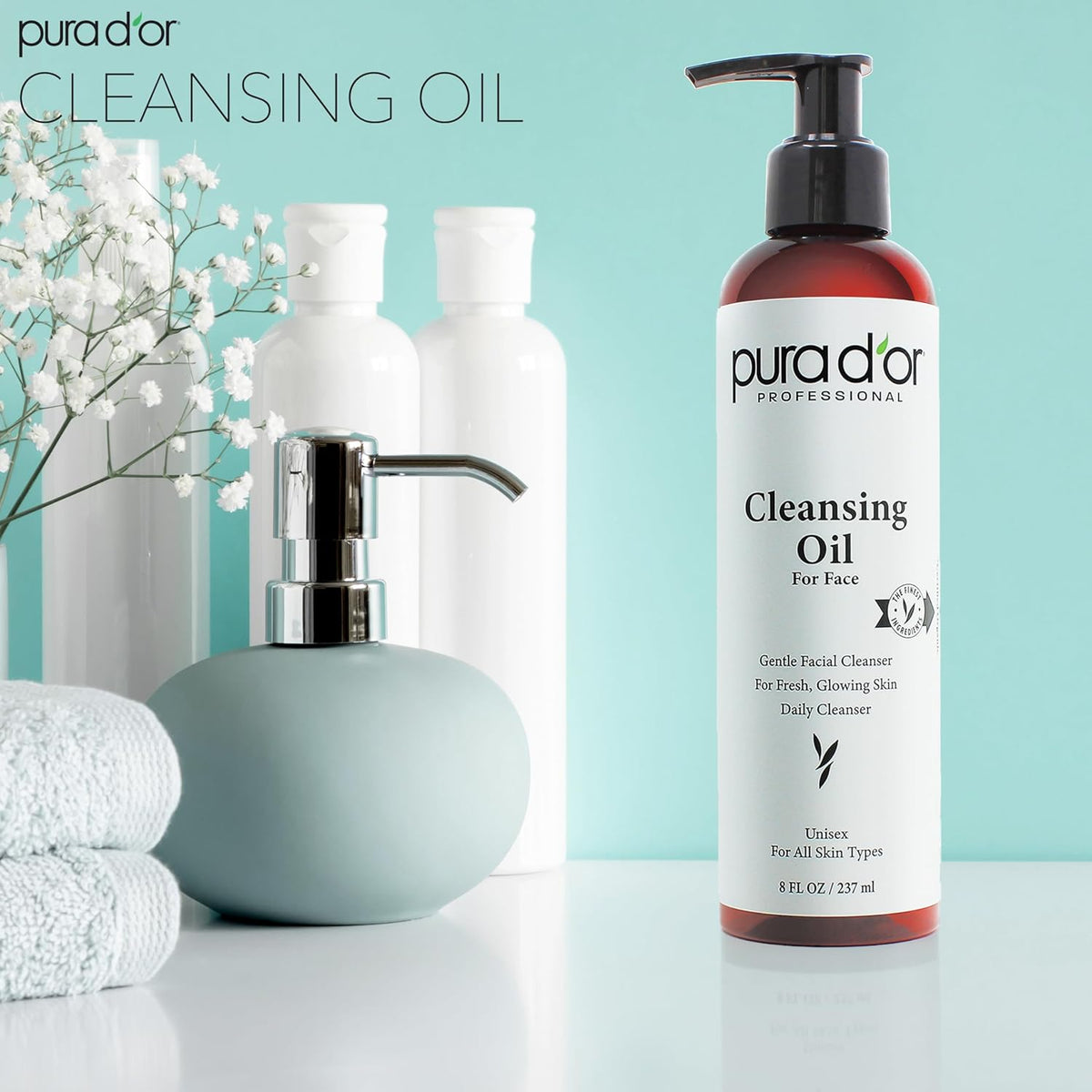 PURA D'OR Facial Cleansing Oil (8 Oz x2 = 16 Oz) Nourishing Botanical Blend with & Vitamin, Jojoba