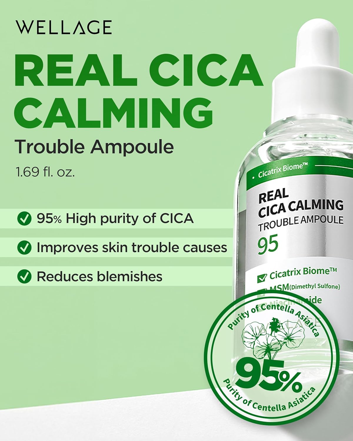 WELLAGE Real Cica Calming Trouble Ampoule - Korean Skincare Soothing Serum, Madecassoside Centella