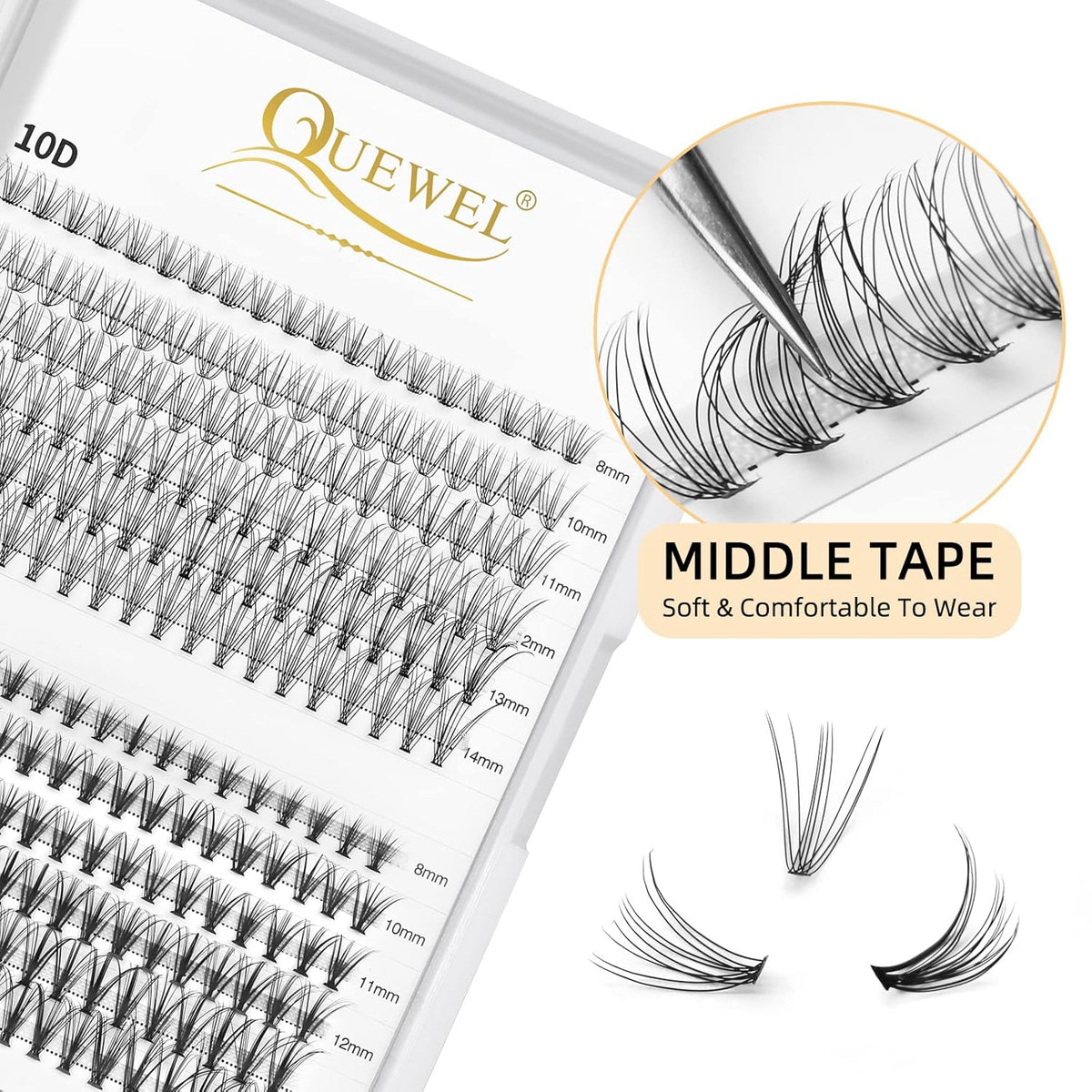 QUEWEL Cluster Lashes 240Pcs 10D+20D D Curl Mix8-14mm Lash Extensions Soft&Natural False Eyelashes