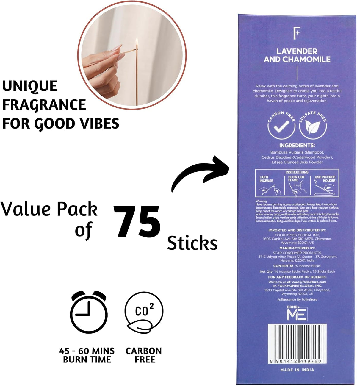 Folkulture Incense Stick for Home | Pack of 75 (8") Non Toxic Insence-Sticks for Meditation with 45