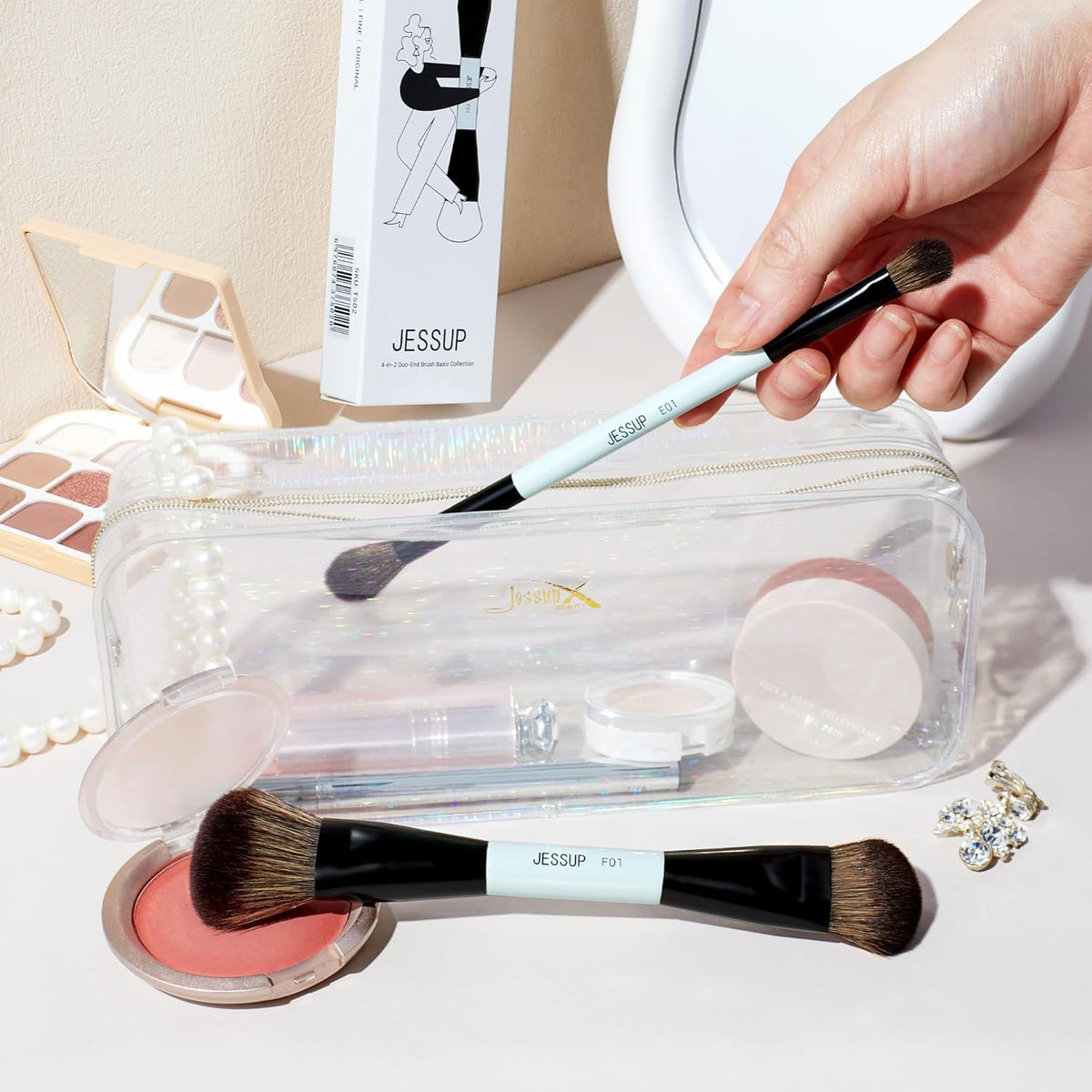 Jessup Makeup Brushes 2pcs Double Sided Foundation Brush Contour Brush Dual Ended Eye Blending