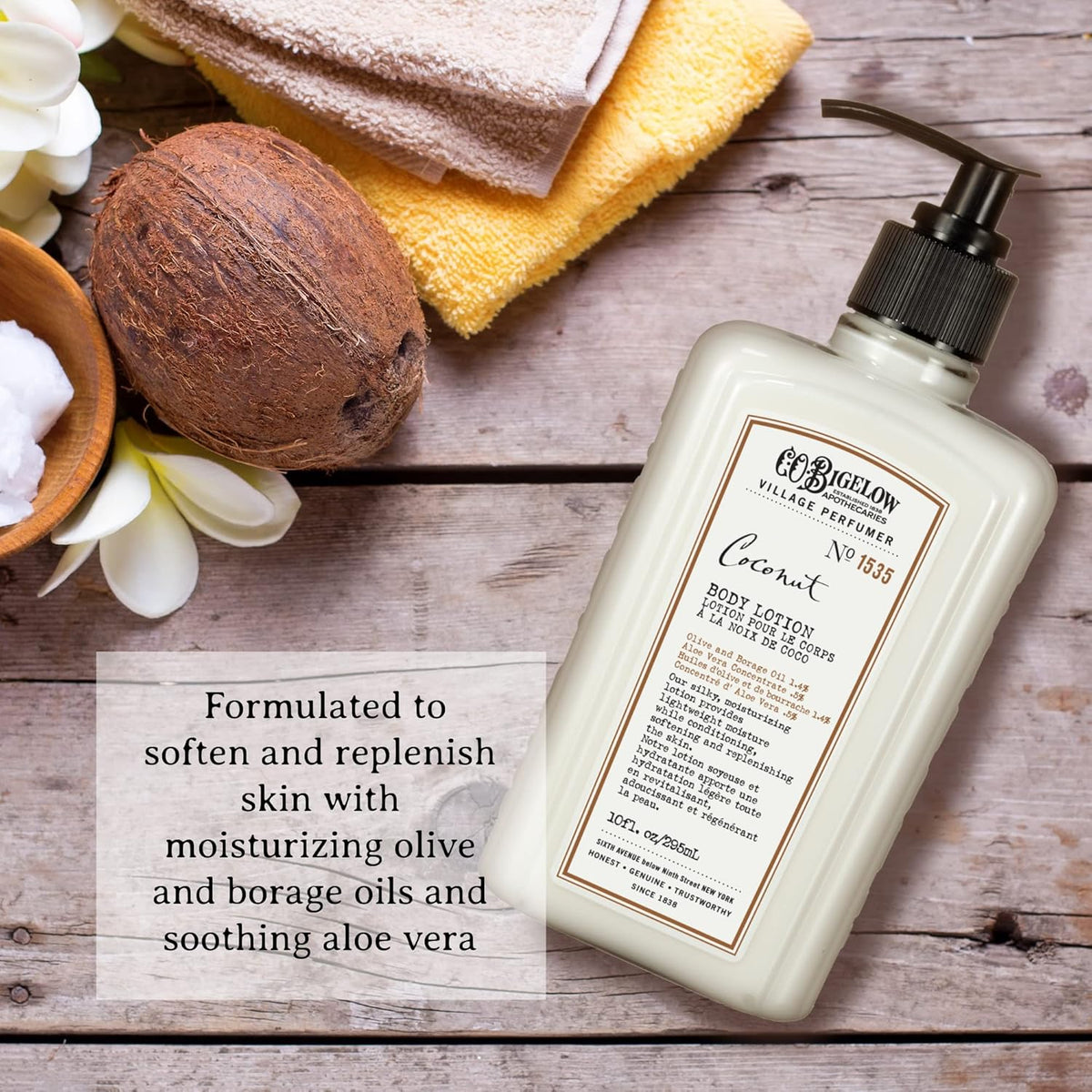 C.O. Bigelow Coconut Body Lotion, Village Perfumer Moisturizing Body Lotion with Aloe Vera, Borage