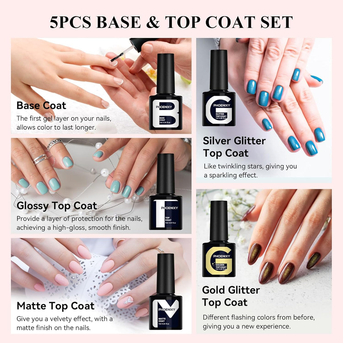 phoenixy Gel Nail Polish 25+5 PCS Gel Nail Polish Kit with Base Coat Glossy Matte Gold Glitter and