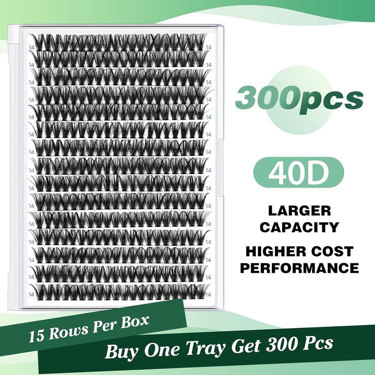 Lash Clusters 300pcs Individual Lashes 40D 0.07D Curl 14mm DIY Eyelash Extension KEYYOU Large Tray