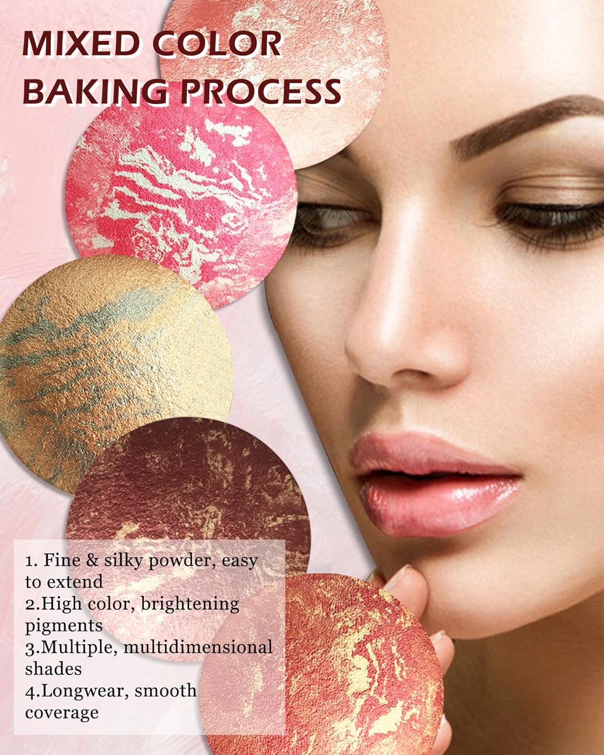 Baked Powder Blush, Glow Marbleized Blusher Powder Palette,Lightweight Shimmery face Blush for