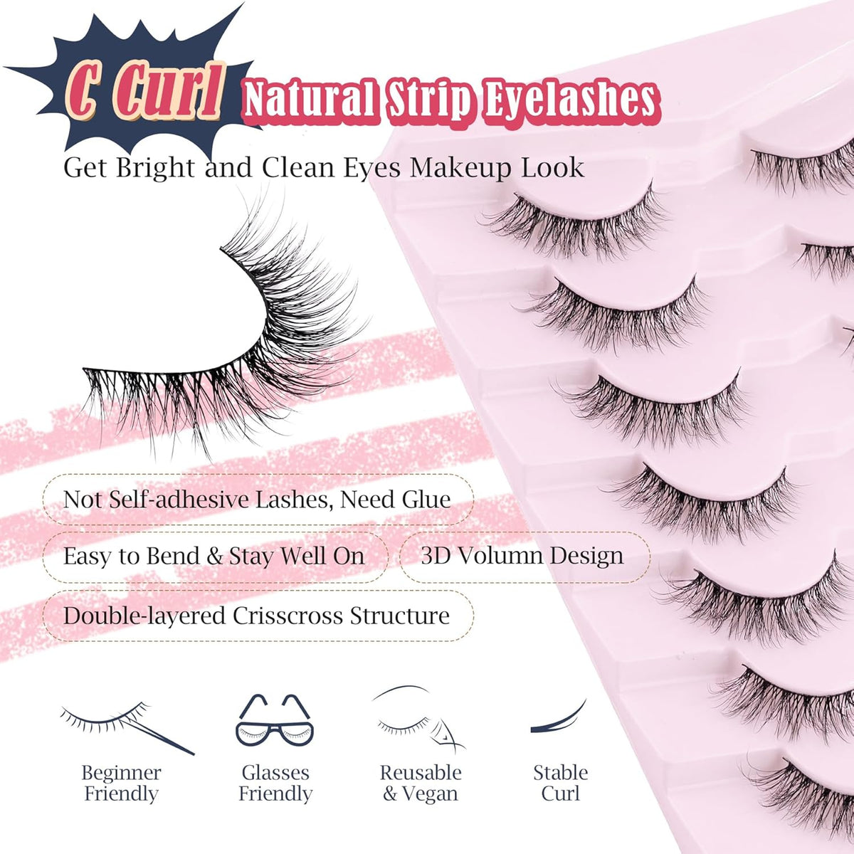 Natural Lashes Wispy Cat Eye Lashes 12mm False Eyelashes Natural Look Strip Lashes Thin Cotton Band