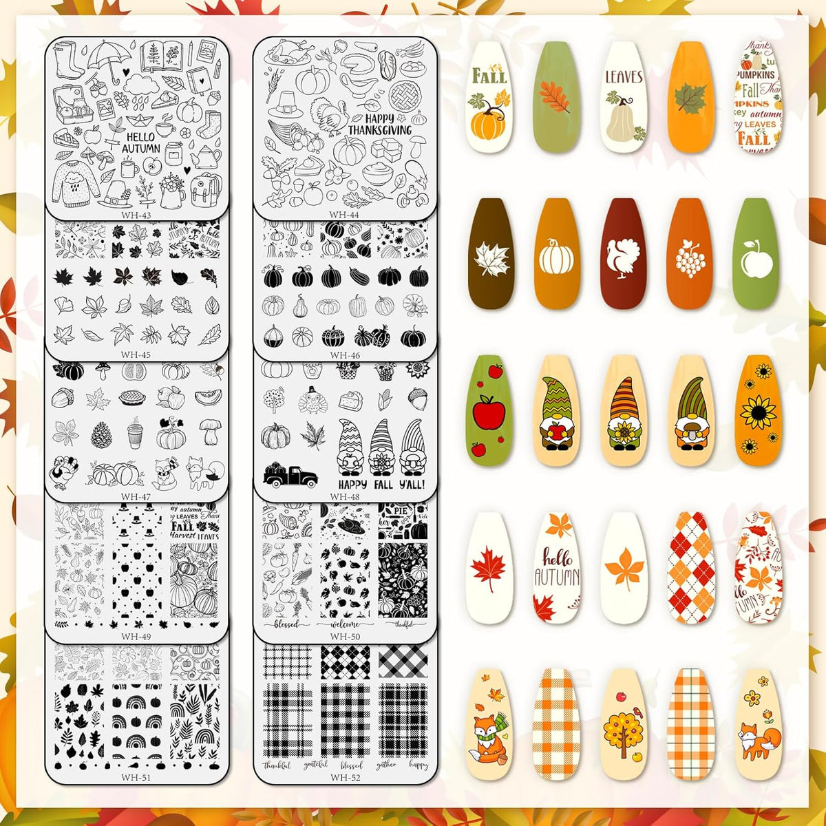 Whaline 10 Sheet Fall Nail Art Stamping Plates Kit Happy Thanksgiving Pumpkins Maple Leaf Gnome