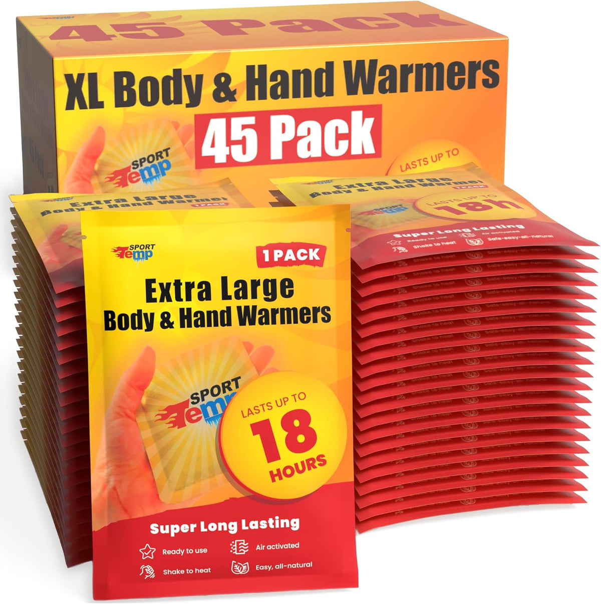 Large Hand & Body Warmers - Up to 18 Hours of Heat, Super Long Lasting - Easy, All Natural - Air