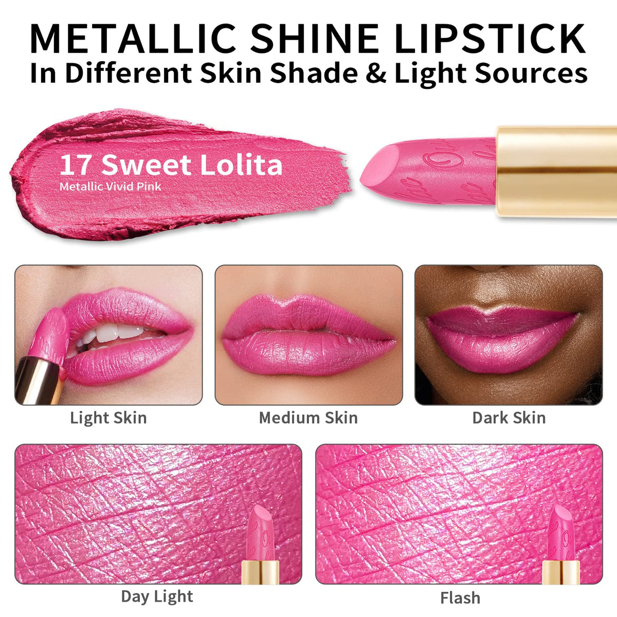 Oulac Hot Pink Lipstick for Women with Metallic 3D Shine Lightweight Hydrating Formula, High Impact