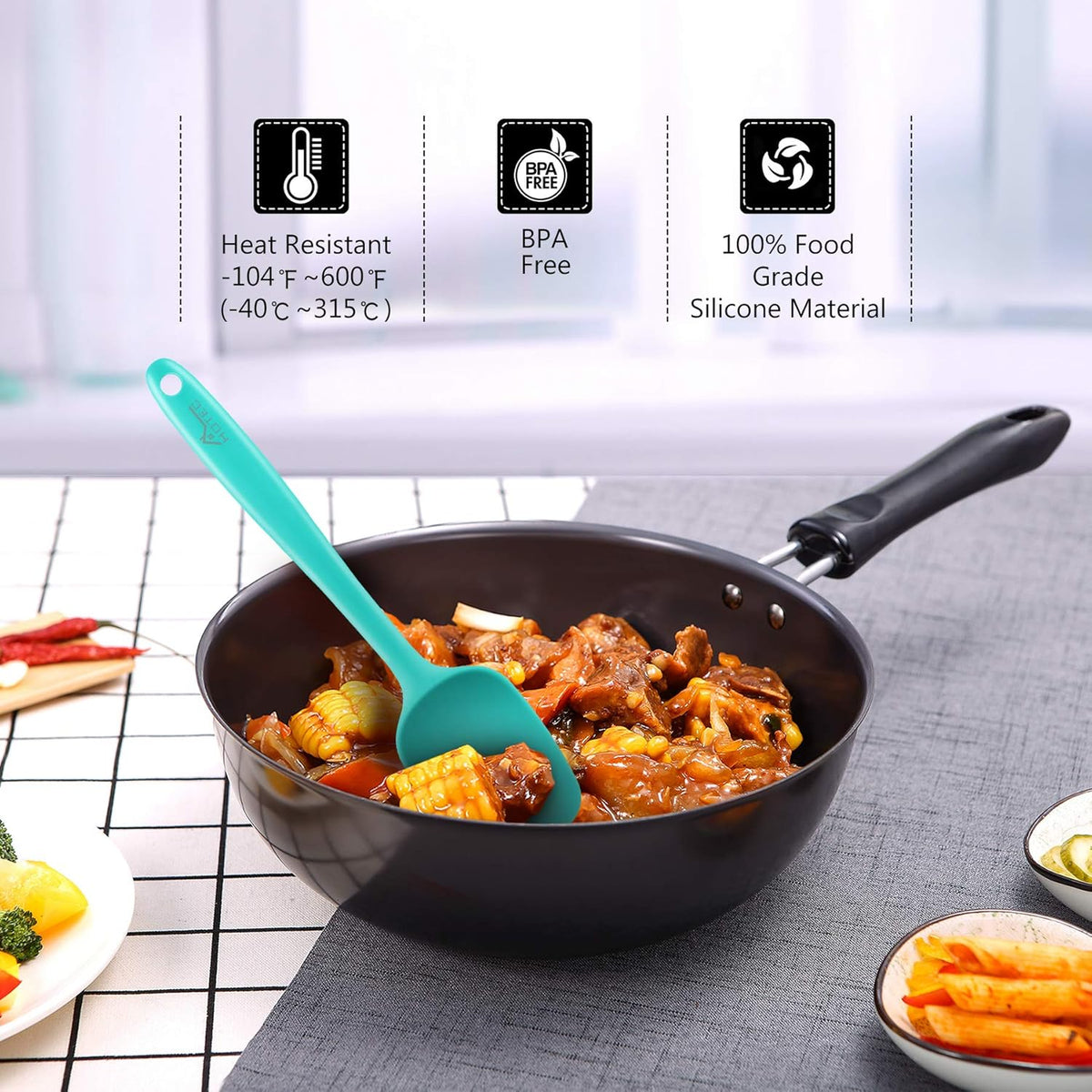 HOTEC 600℉ Heat Resistant BPA-Free Silicone Rubber Spatula Set,Kitchen Cooking Spatulas, Baking
