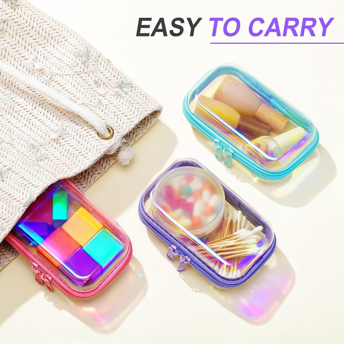 Hoolerry 3 Pcs Clear Hard Zipper Case Plastic Pouch Transparent Hard Case Clear Makeup Bag Portable
