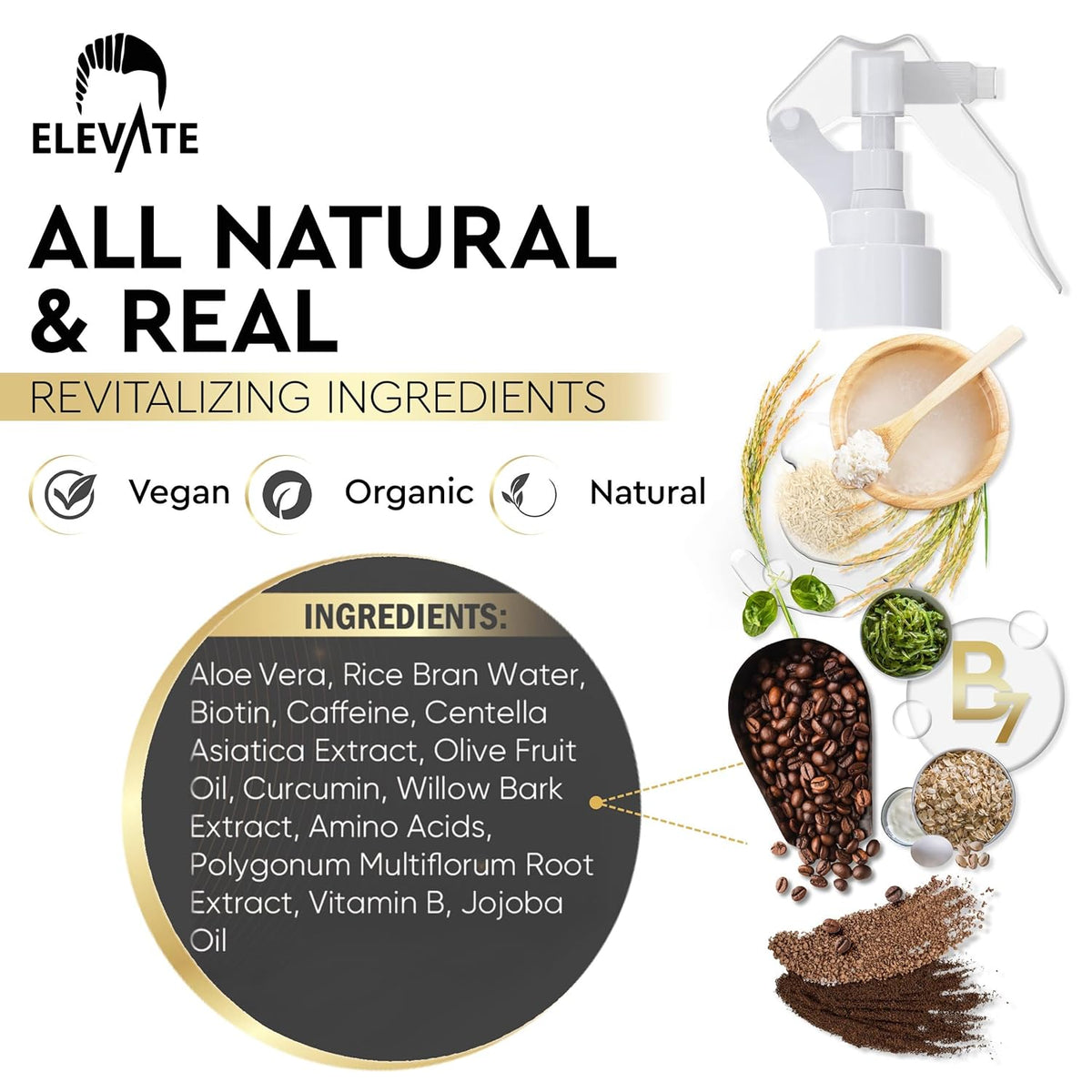 Elevate Rice Water Hair Growth Spray - Infused with Biotin, Caffeine & Aloe Vera for Thicker