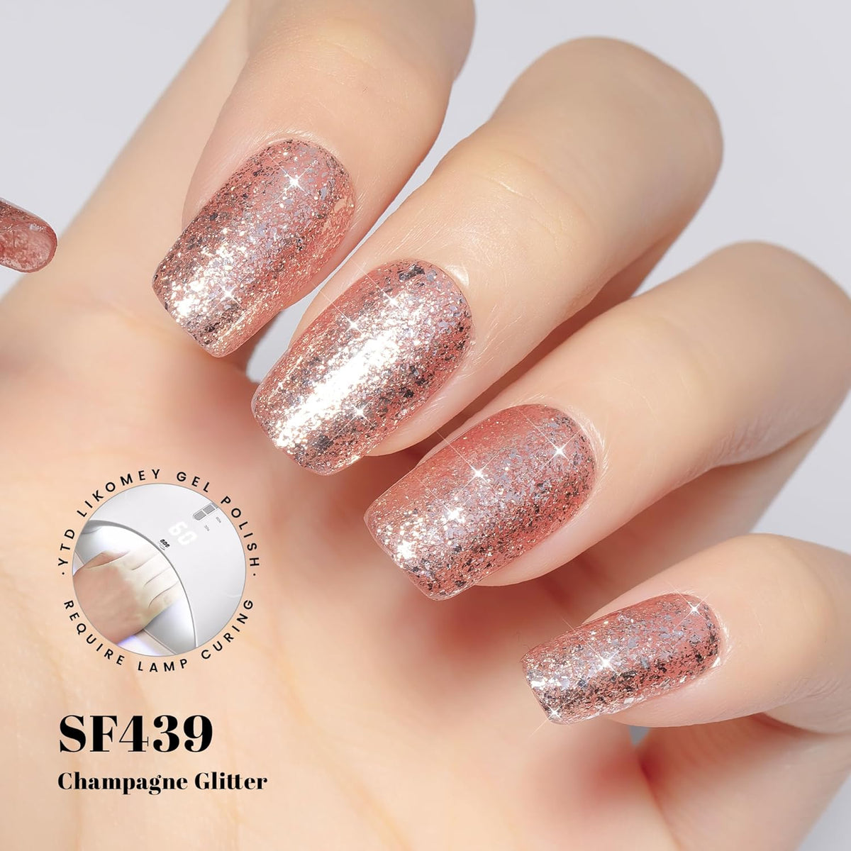 YTD Likomey Gel Nail Polish,15ml Rose Gold Glitter Nails Gel,Fall Winter Shiny Sparkly Salon Home