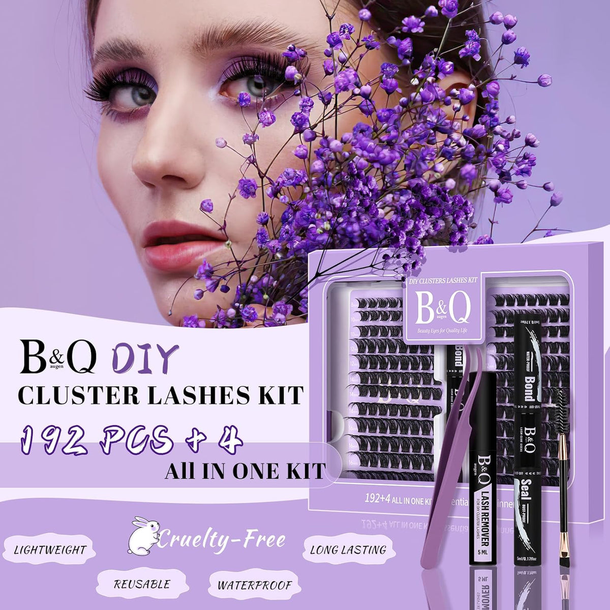 B&Qaugen Lash Extension Kit 192 PCS Eyelash Extension Kit D Curl Lash Clusters Kit Wispy Individual
