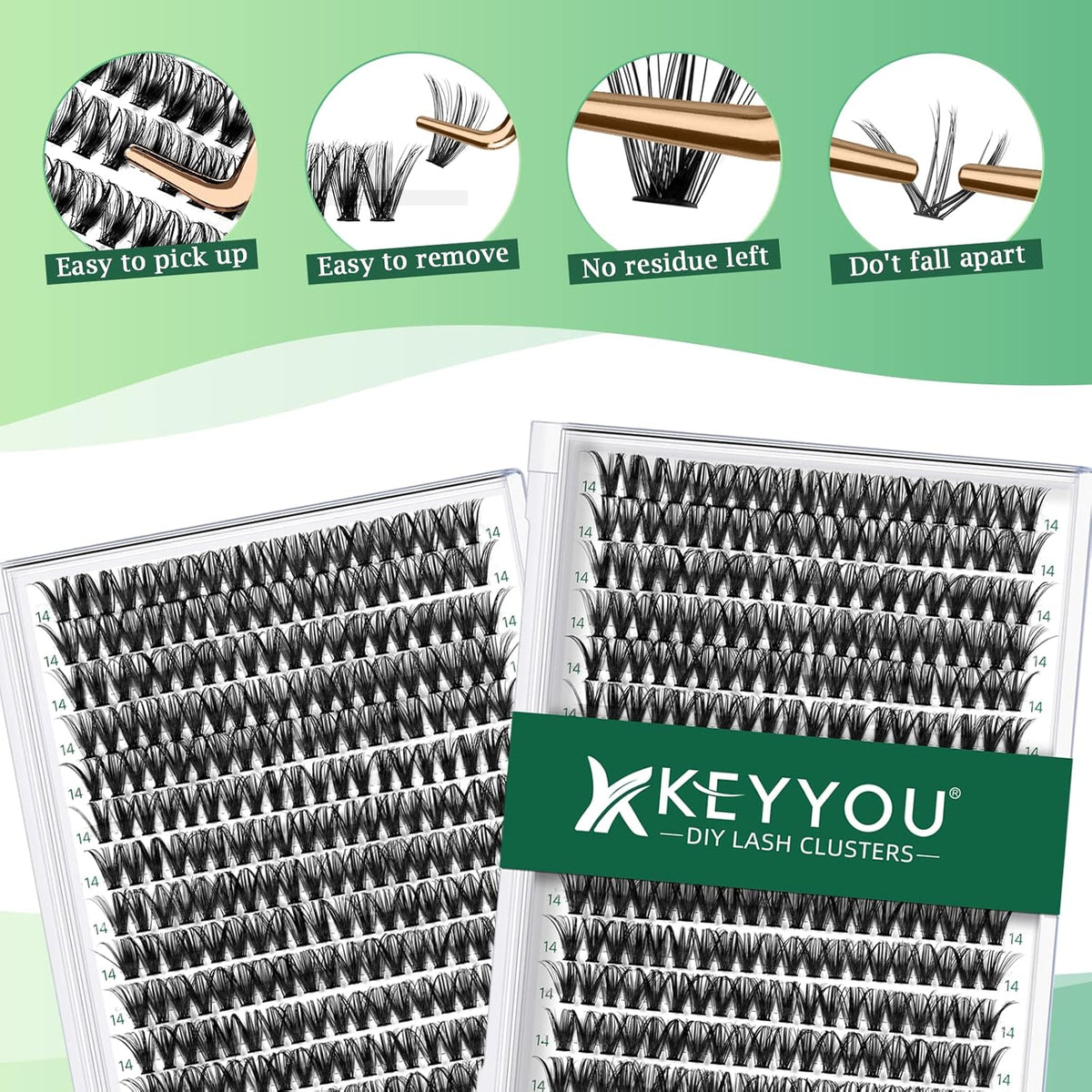 Lash Clusters 300pcs Individual Lashes 40D 0.07D Curl 14mm DIY Eyelash Extension KEYYOU Large Tray