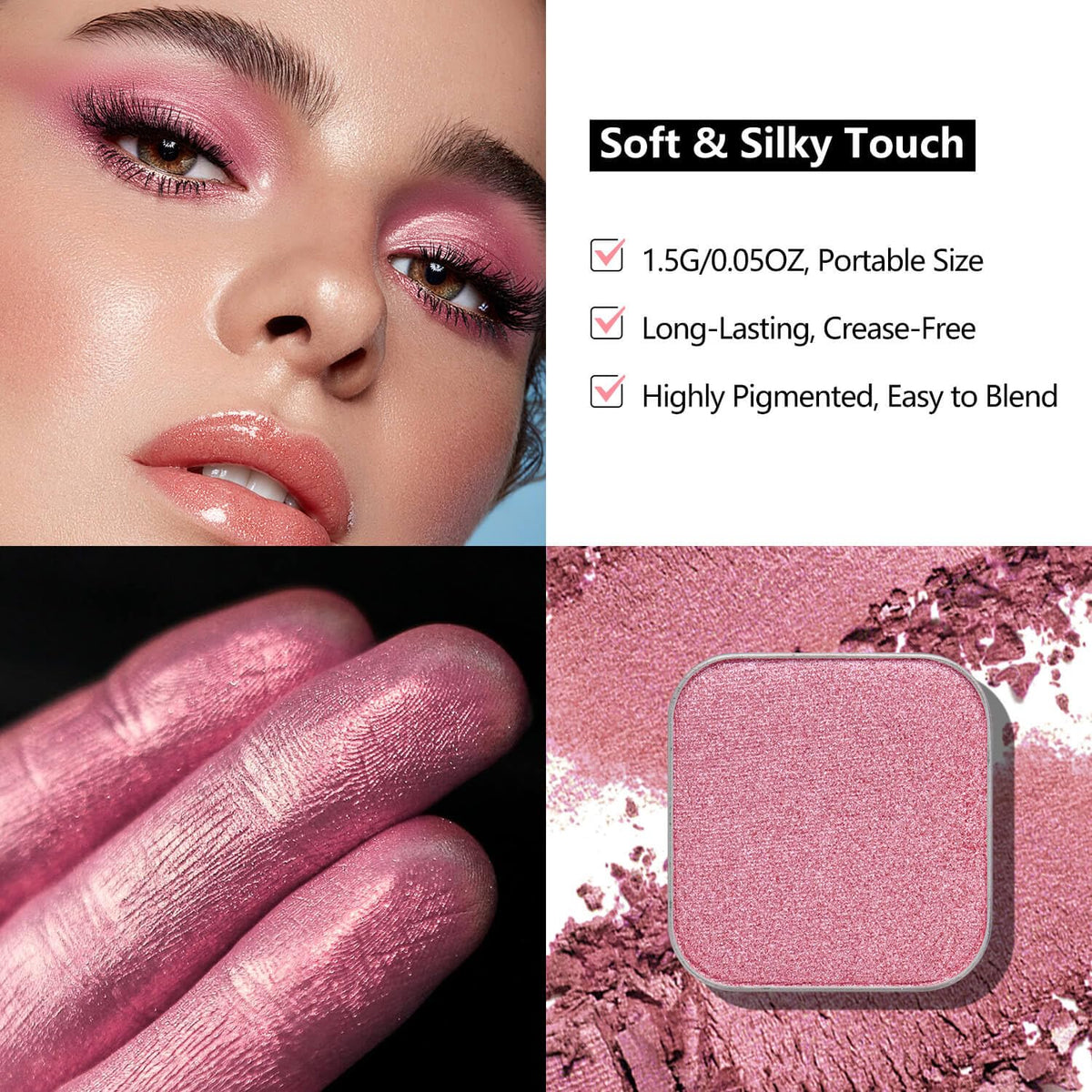 Single Pink Eyeshadow Matte Shimmer Highly Pigmented Blendable Longwear Powder in Magnetic Refill