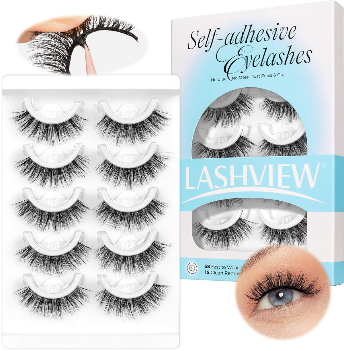 LASHVIEW Self Adhesive Eyelashes 5 Pairs Cat Eye Wispy Self-adhesive False Lashes Reusable Natural