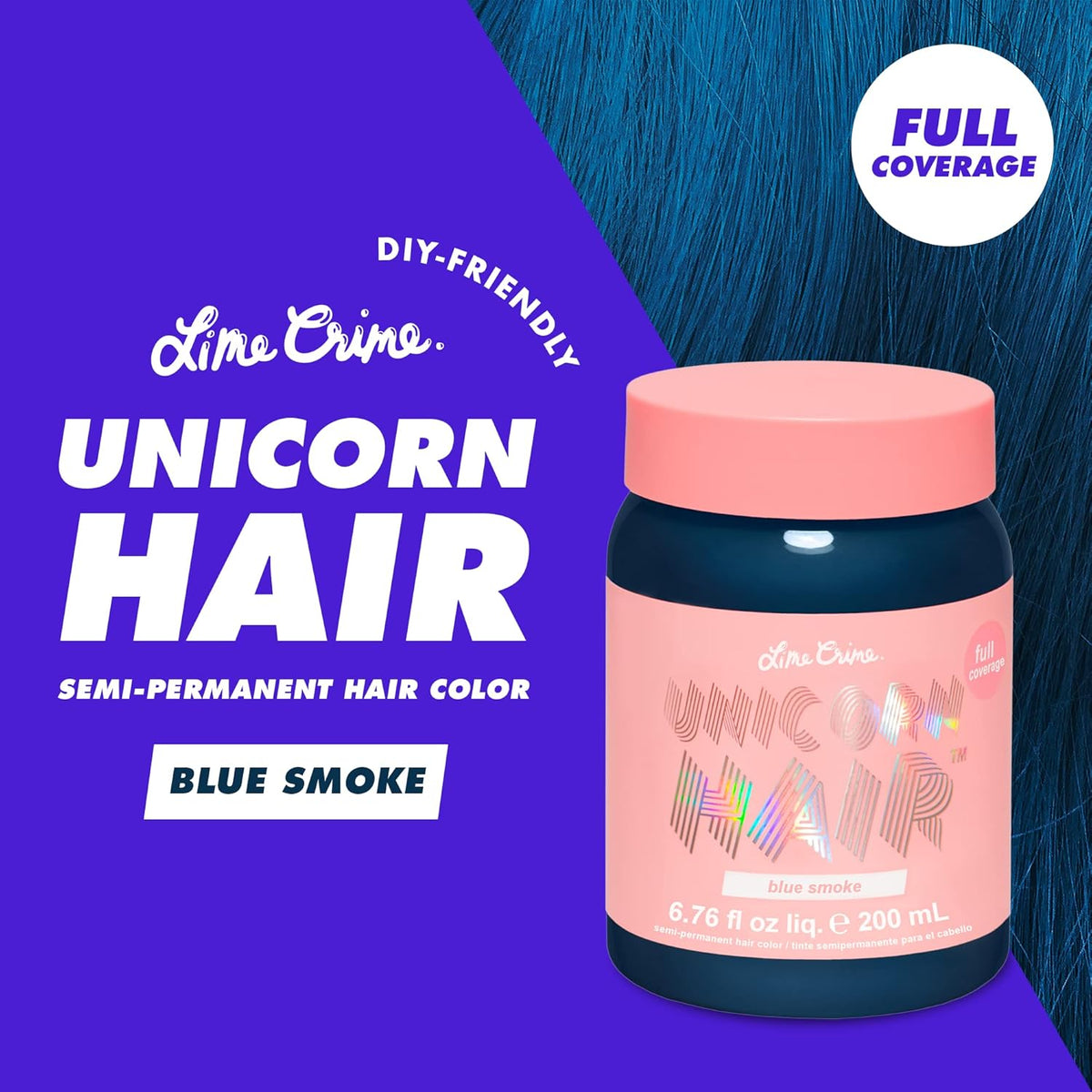Lime Crime Full Coverage Unicorn Hair Dye, Blue Smoke - Damage-Free Semi-Permanent Hair Color
