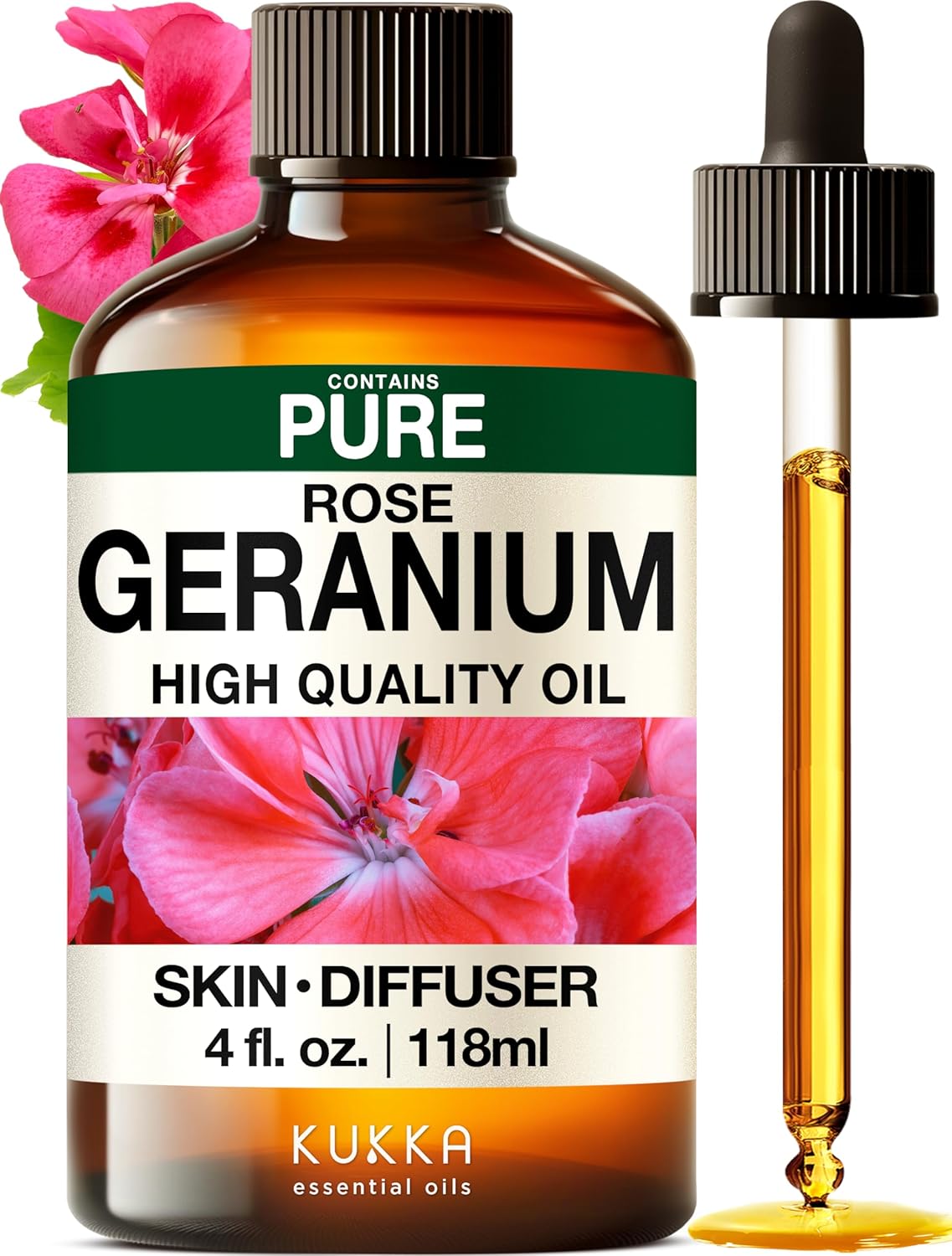 Kukka Rose Geranium Essential Oil for Skin - 4 Fl Oz - Geranium Oil for Diffuser & Aromatherapy