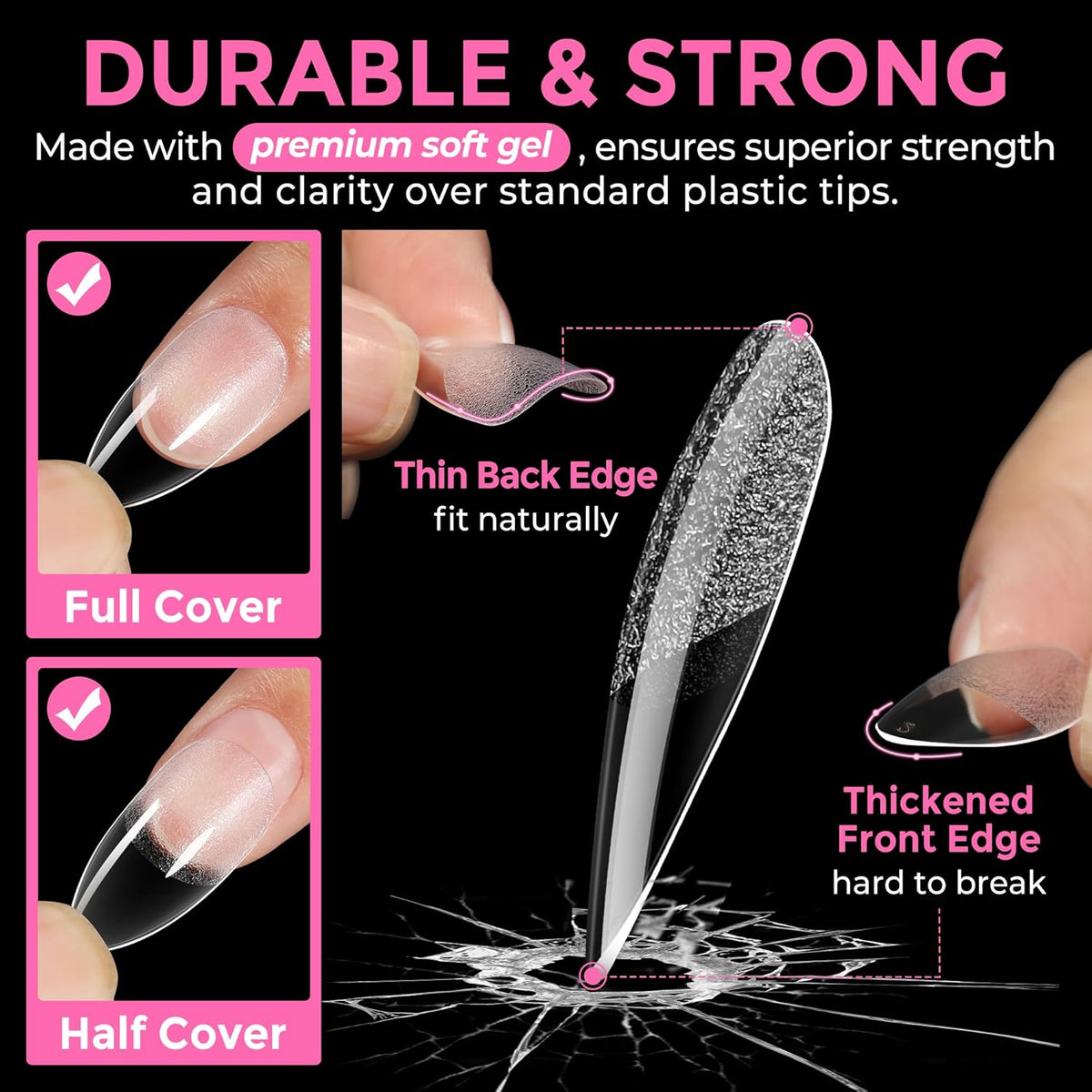 UNA GELLA Almond Nail Tips, 216pcs Pointed Almond Gel Nail Tips Pre-shape Half Matte Full Cover