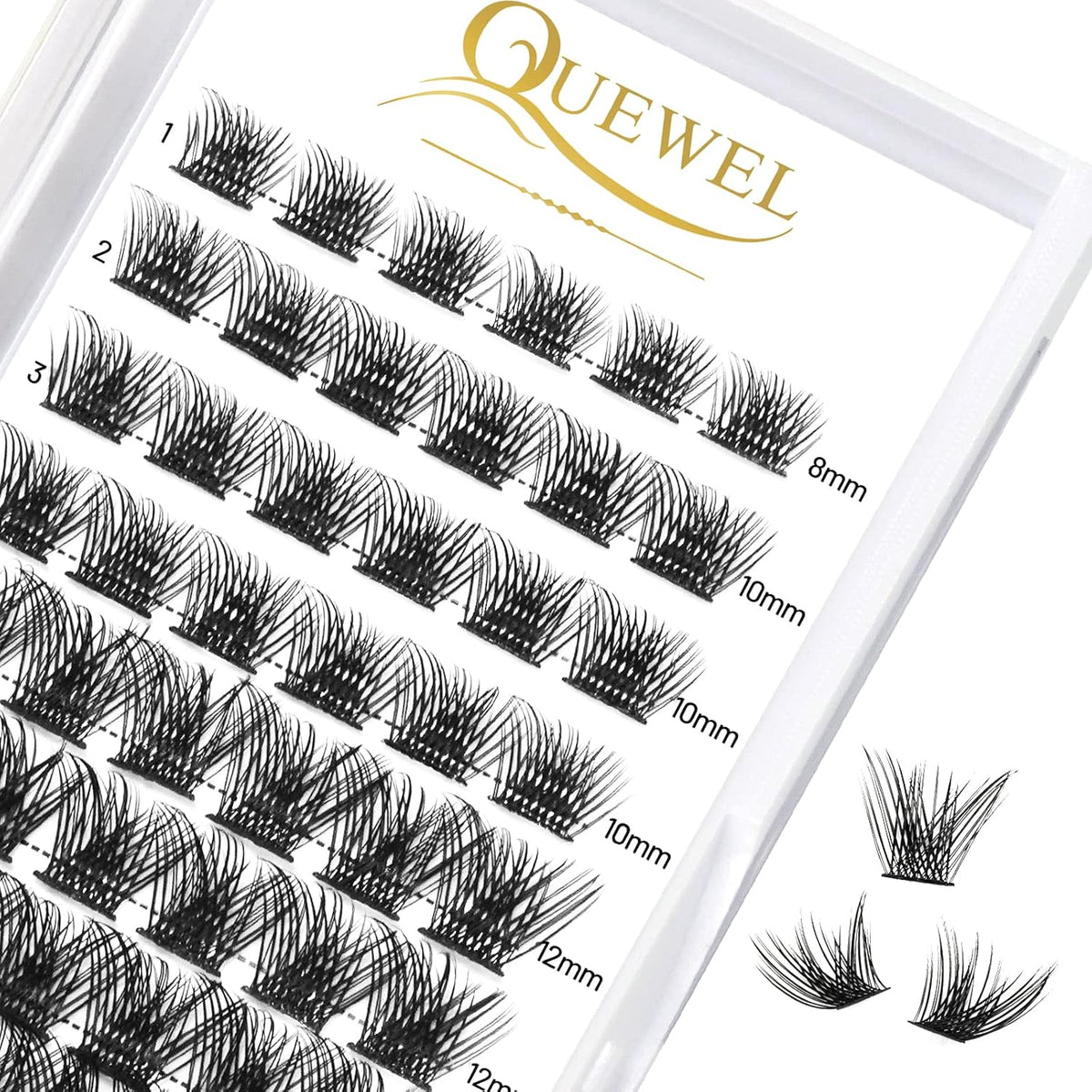 QUEWEL Cluster Lashes 72 Pcs Wide Stem Individual Lashes C/D Curl 8-16mm Length DIY Eyelash