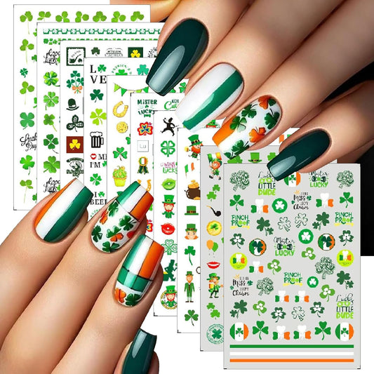 10 Sheets St. Patrick's Nail Art Stickers Green Shamrock 3D Self-Adhesive Four-Leaf Clover Nail