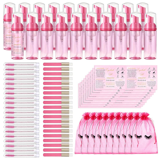 100 Pcs Lash Shampoo Bottle Brushes Set 20 Empty Foam Pump Dispensers 20 Label Stickers 20 Mascara