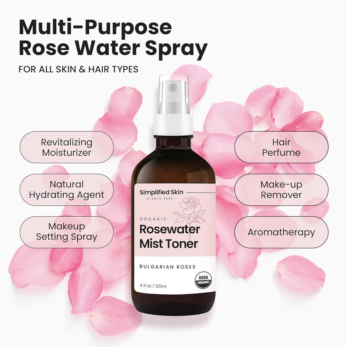 Rose Water Spray for Face & Hair – Pure USDA Organic Rosewater Toner – Refreshing Mist for Skin