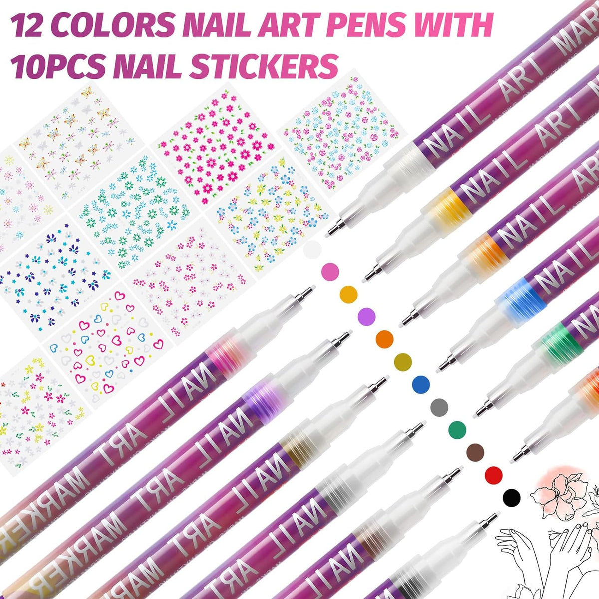miikoul 12 Colors Nail Art Pens Set 0.7mm Art Graffiti Pen with 10PCS Nail Art Stickers 3D Nail