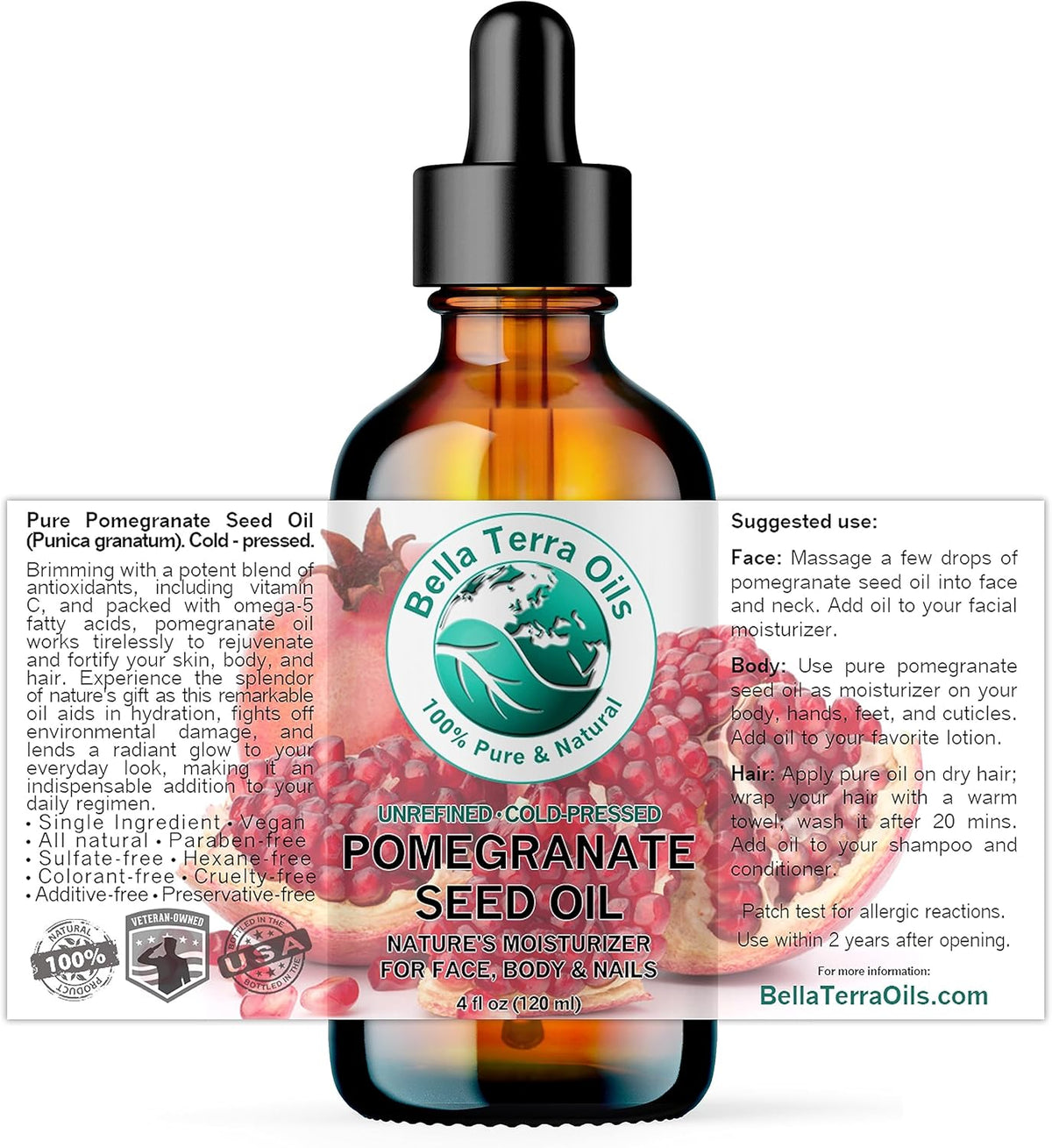 Bella Terra Oils - Organic Pomegranate Seed Oil 4 oz - A Powerhouse of Nutrients & Essential Fatty