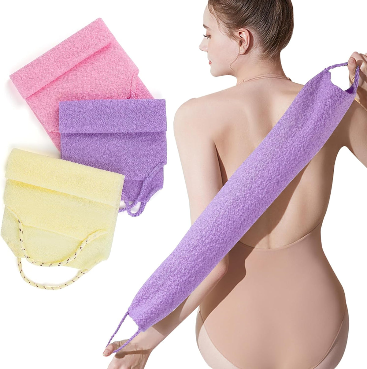 3 Pcs Double-Sided Back Exfoliator Body Scrub Towel, Exfoliating Back Scrubber with