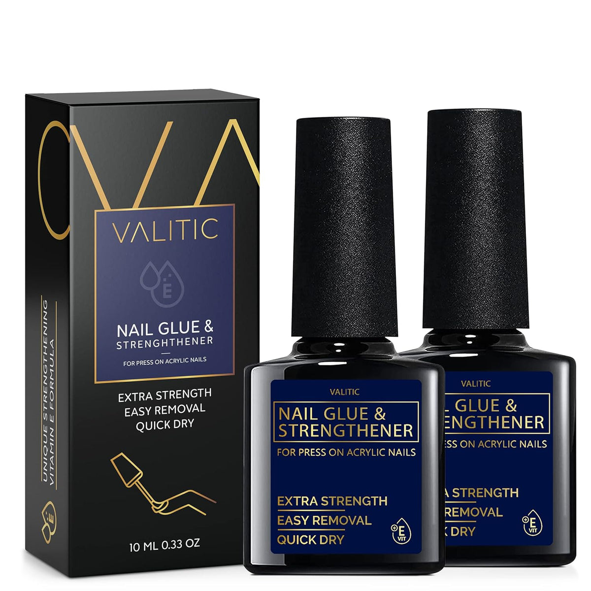Valitic Strong Nail Glue and Strengthener for Acrylic and Press On Nails - Quick Dry Brush On Gel