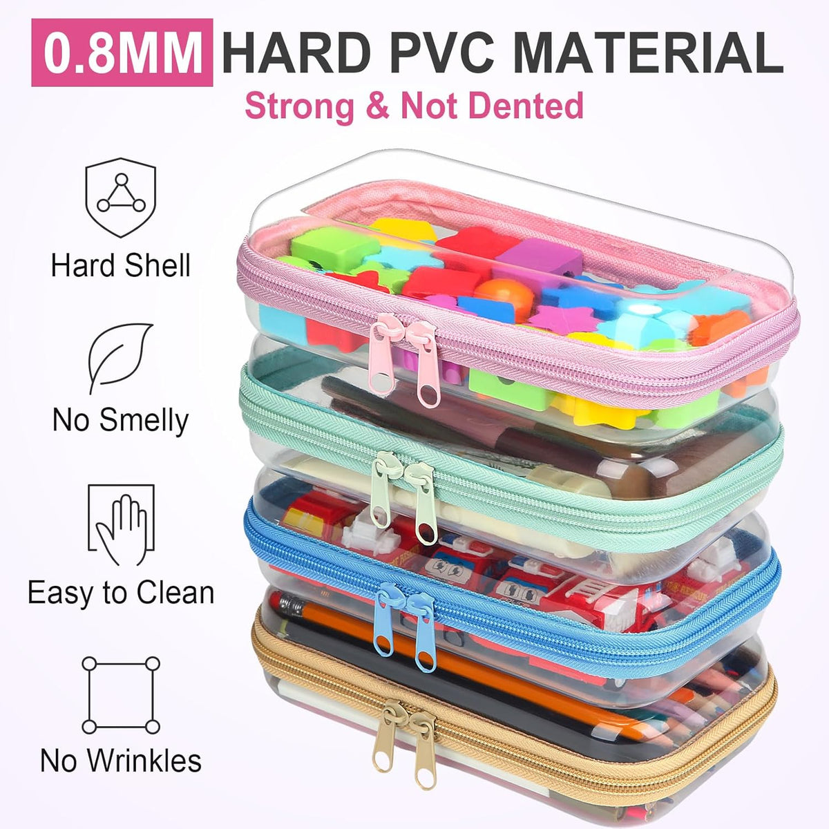 Hoolerry 4 Pcs Hard Clear Zipper Case Makeup Bags Plastic Pencil Pouch Transparent Storage Box