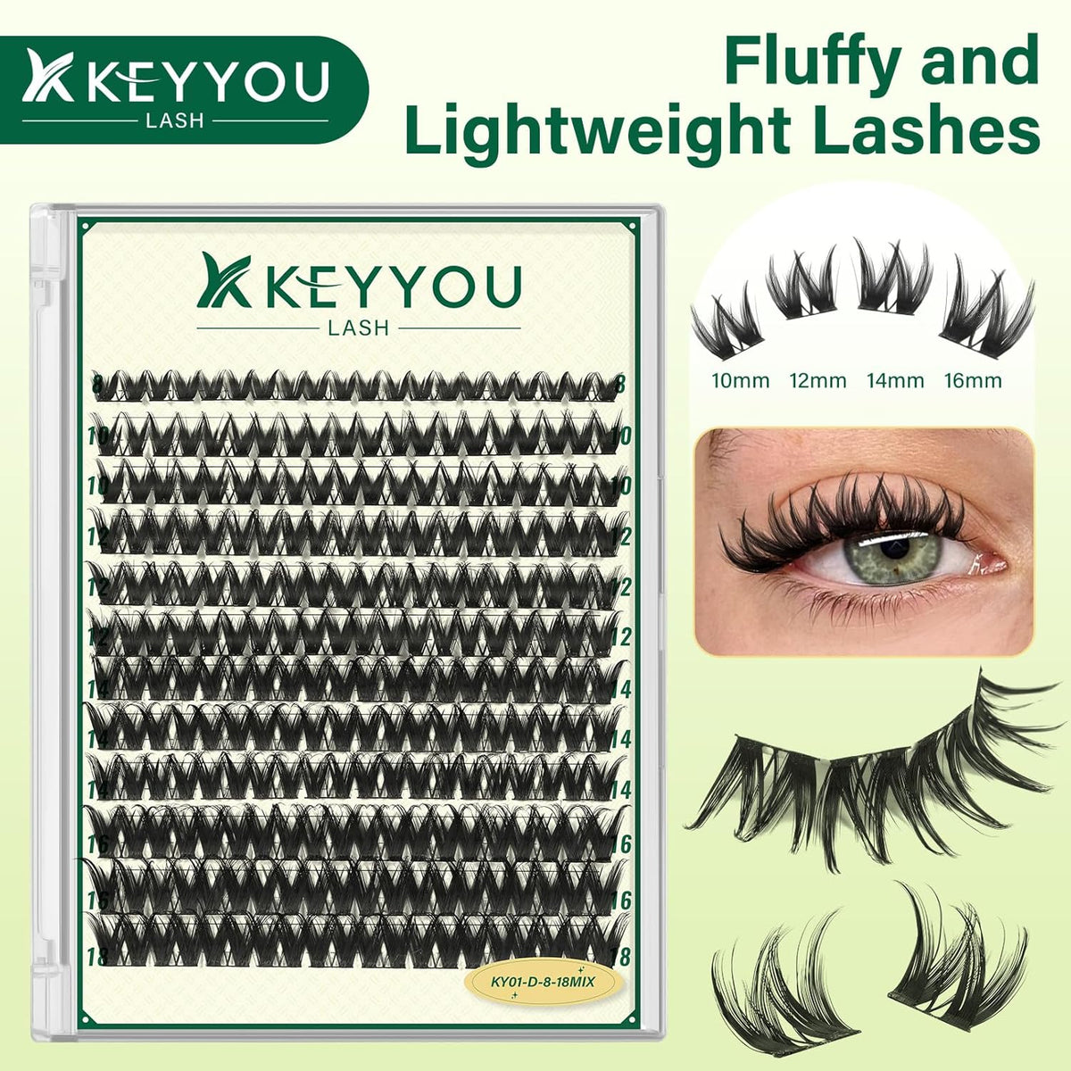 KEYYOULASH Lash Clusters Manga Lash Extension D Curl 120pcs 8-18mm Wispy Eyelash Clusters Natural