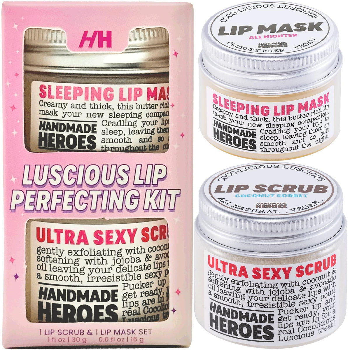 Handmade Heroes 100% Natural Coconut Lip Exfoliator & Lip Mask Gift Set - Gentle Exfoliant Sugar