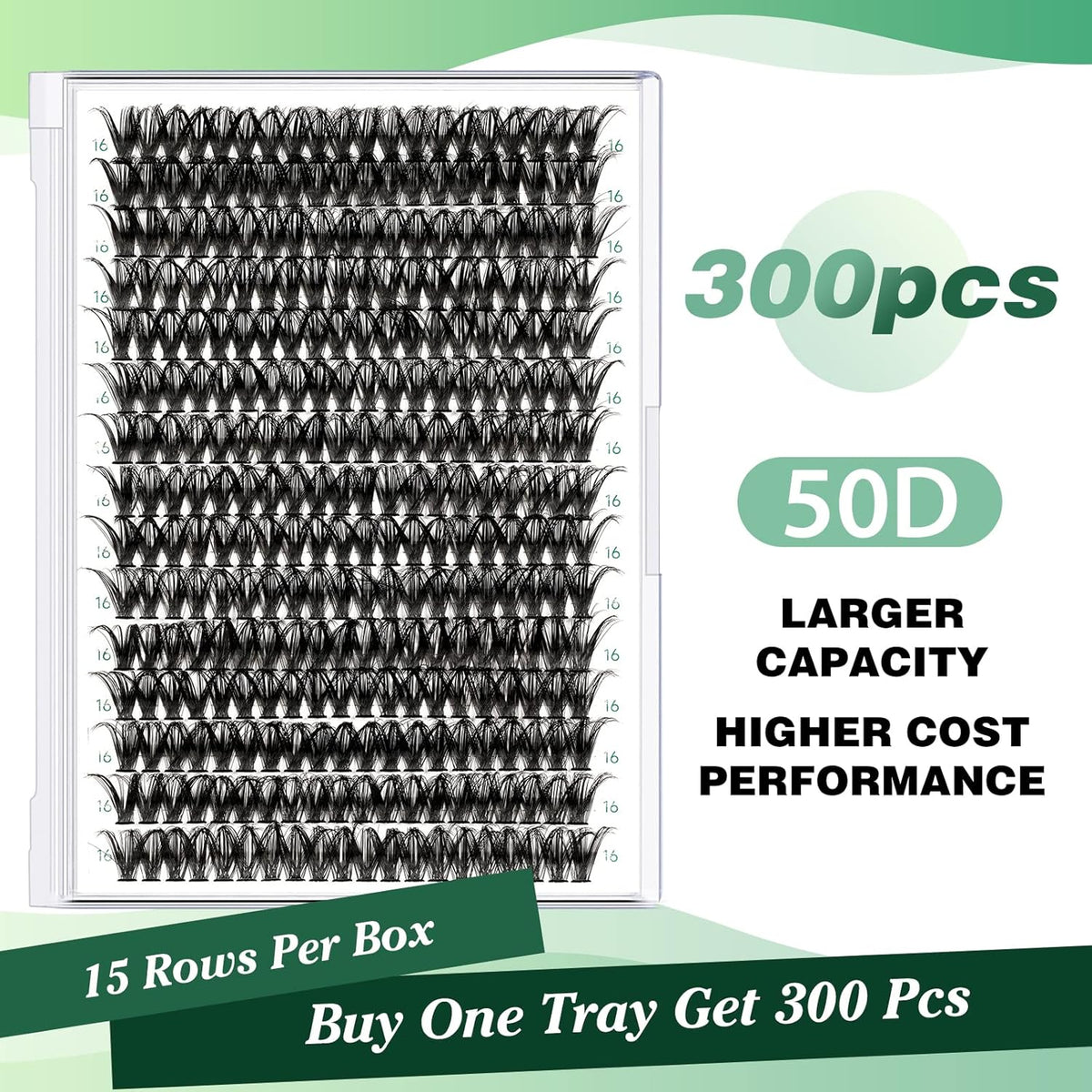 Lash Clusters 300pcs Individual Lashes 50D 0.07D Curl 16mm DIY Eyelash Extension KEYYOU Large Tray
