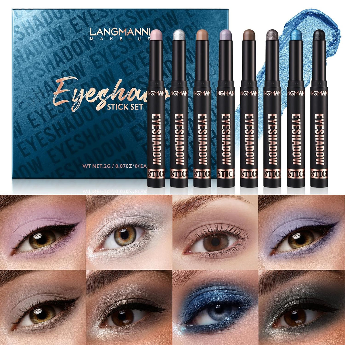 LANGMANNI 8 PCS Pro Kit Eyeshadow Stick Gift Makeup Set,Matte Earth Color+Bright Metal Color